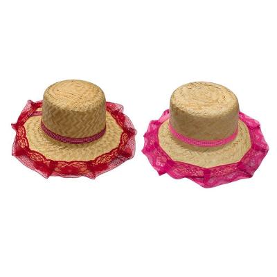 Chapéu de Palha Junino Sobral com Renda Luiz Gonzaga 8X28CM 01 Unidade Rosa Vermelho