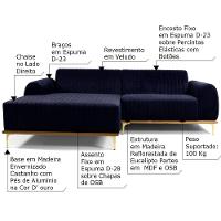 Sofá 4 Lugares com Chaise Base de Madeira 265 Cm Veludo Azul - 9
