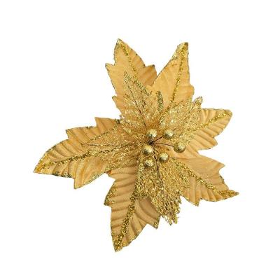 Flor Natalina Telada Veludo Flor Artificial Ouro 30cm com Glitter Dourado Tok da Casa