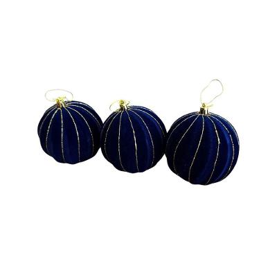 Bolas Decorativas de Natal Jogo Veludo Azul Listras Fio Ouro Kit 3 Peças Azul Bella Flor