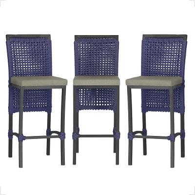 3 Banqueta Em Alumínio Roma Preta Corda Náutica Tecido 8 Azul