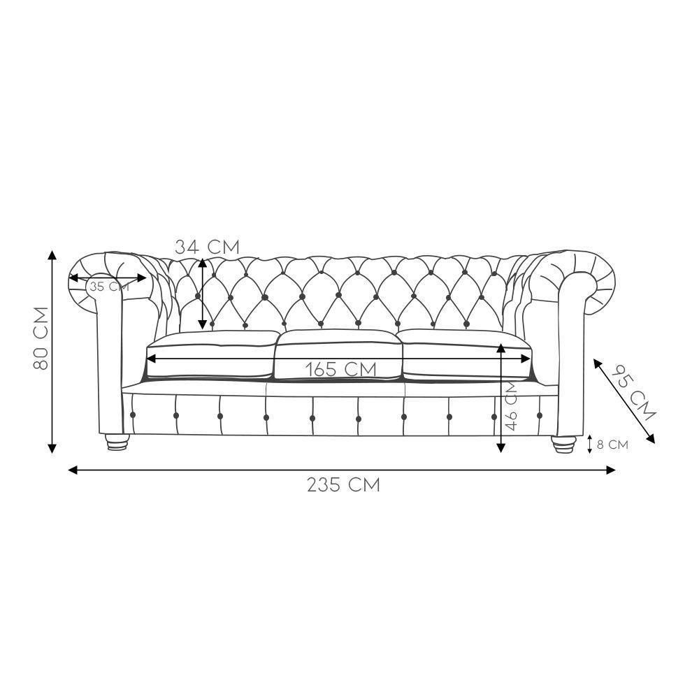 Sofá 3 Lugares Sala De Estar 235cm Chesterfield Pés Madeira - 2