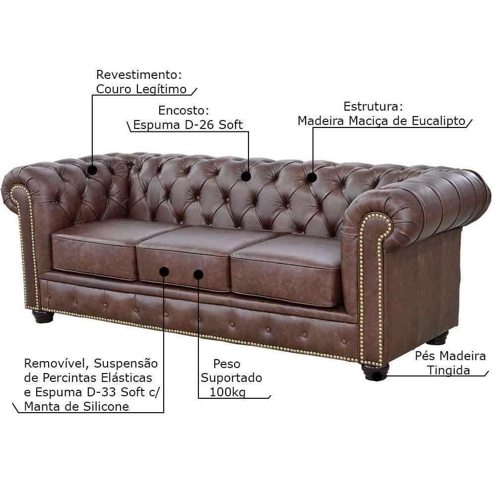 Sofá 3 Lugares Sala De Estar 235cm Chesterfield Pés Madeira - 3