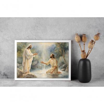 Quadro Religioso o Batismo de Luz Retangular 30 X 40 Moldura Caixa Vinil Branca