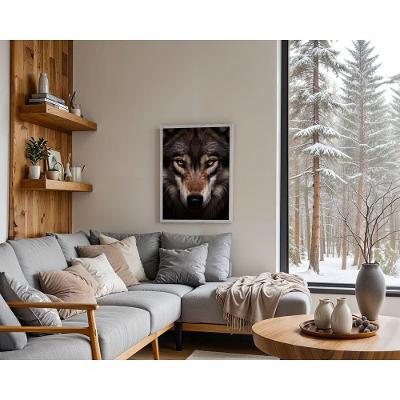 Quadro Decorativo Lobo Solitário Retangular 50x70CM com Moldura Caixa Vidro Preto