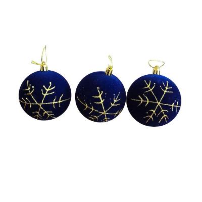Bolas Decorativas de Natal Jogo Veludo Azul Trabalho Fio Ouro 3 Peças 8CM Azul Bella Flor