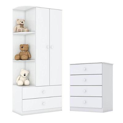 Cômoda e Guarda Roupa Infantil Labirinto 3 Portas 4 Gavetas em MDF e MDP Branco Brilho