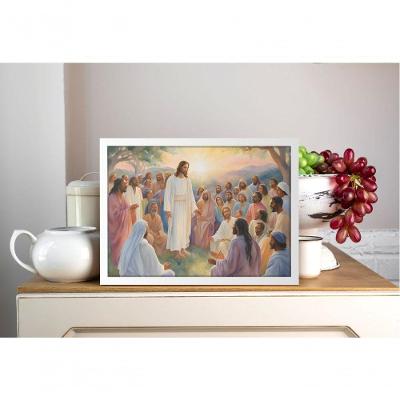 Quadro Religioso o Sermão de Jesus Retangular 70X50 Amadeirado