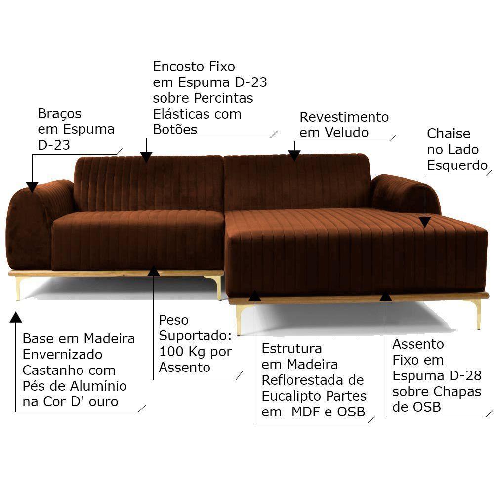 Sofá 4 Lugares com Chaise Base de Madeira Euro 265 Cm Telha - 3