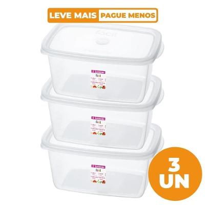 Kit 3 Potes Retangulares Fácil Cristal 1,4L Tampa Prática Transparente para Freezer e Micro-ondas