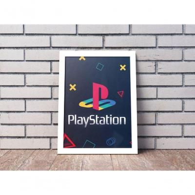 Quadro Decorativo Play Station Retangular 20 X 30 com Moldura Amadeirado para Decoração Gamer