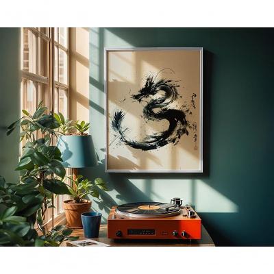 Quadro Decorativo o Dragão Efêmero Retangular 50x70CM em Canvas Preto