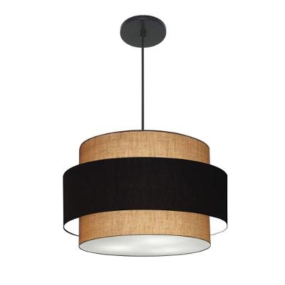 Lustre Pendente Cilíndrico Md-4384 Cúpula em Tecido Preto e Palha Tamanho 50CM Preto Vivare Brasil