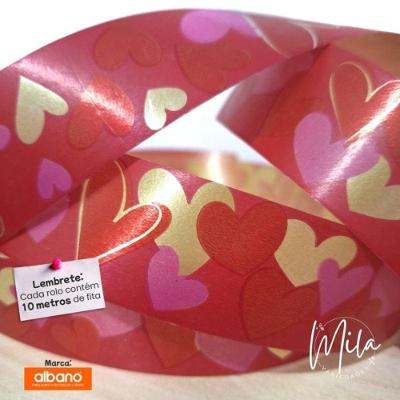 Fita Decorada para Laço com Amor Polietileno 32mm X 10m Vermelho-ouro OEM