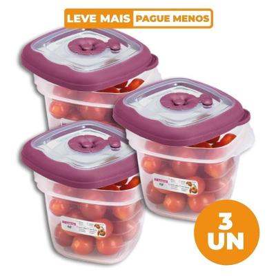 Kit 3 Potes Herméticos Quadrados Flor Açaí 450ML com Vedação em Borracha para Alimentos Transparente