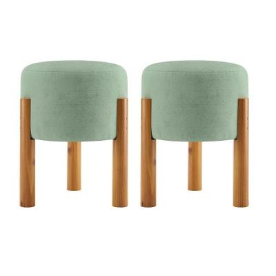 Kit 2 Puff Estofado Redondo Elegante Suede Verde Menta com Pés Palito OEM