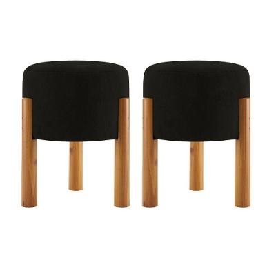 Kit 2 Puff Redondo Elegante com Assento Estofado Suede Preto e Pés Palito Plástico OEM