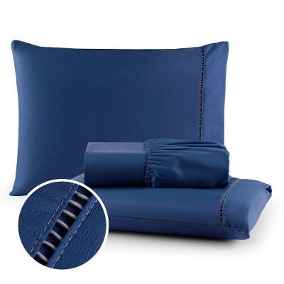 Jogo de Lençol Micropercal Ponto Palito Casal 3 Peças 400 Fios Azul Duda Enxovais OEM
