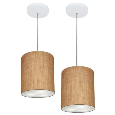 Kit 2 Lustres Pendentes Cilíndricos Md-4012 com Cúpula em Tecido 18x25CM Palha Vivare Brasil