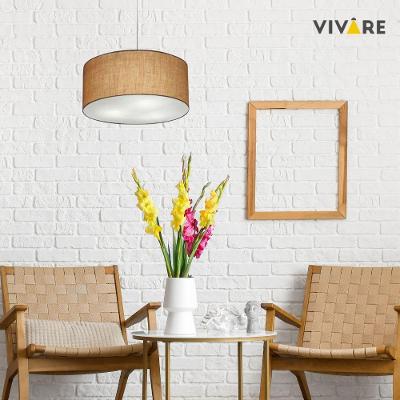 Lustre Pendente Cilíndrico Md-4132 Cúpula em Tecido 40x15CM Bivolt Palha Vivare Brasil Iluminação