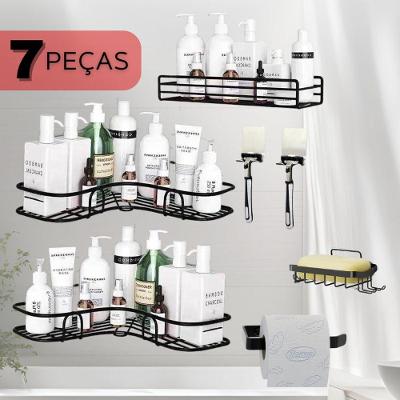 Kit 2 Prateleiras com Suporte Adesivo 7 Prateleira em Aço Inoxidável Multiuso para Banheiro Preto