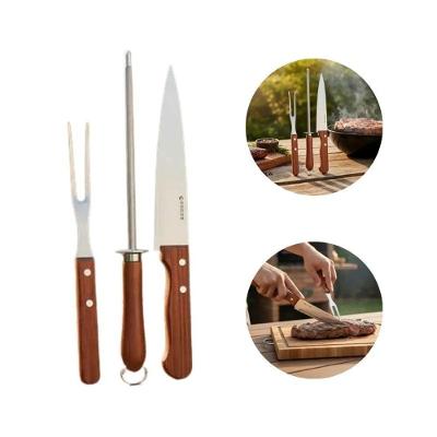Kit para Churrasco 3 Peças Faca Garfo Chaira Inox com Lâmina em Aço Inox Uso Doméstico
