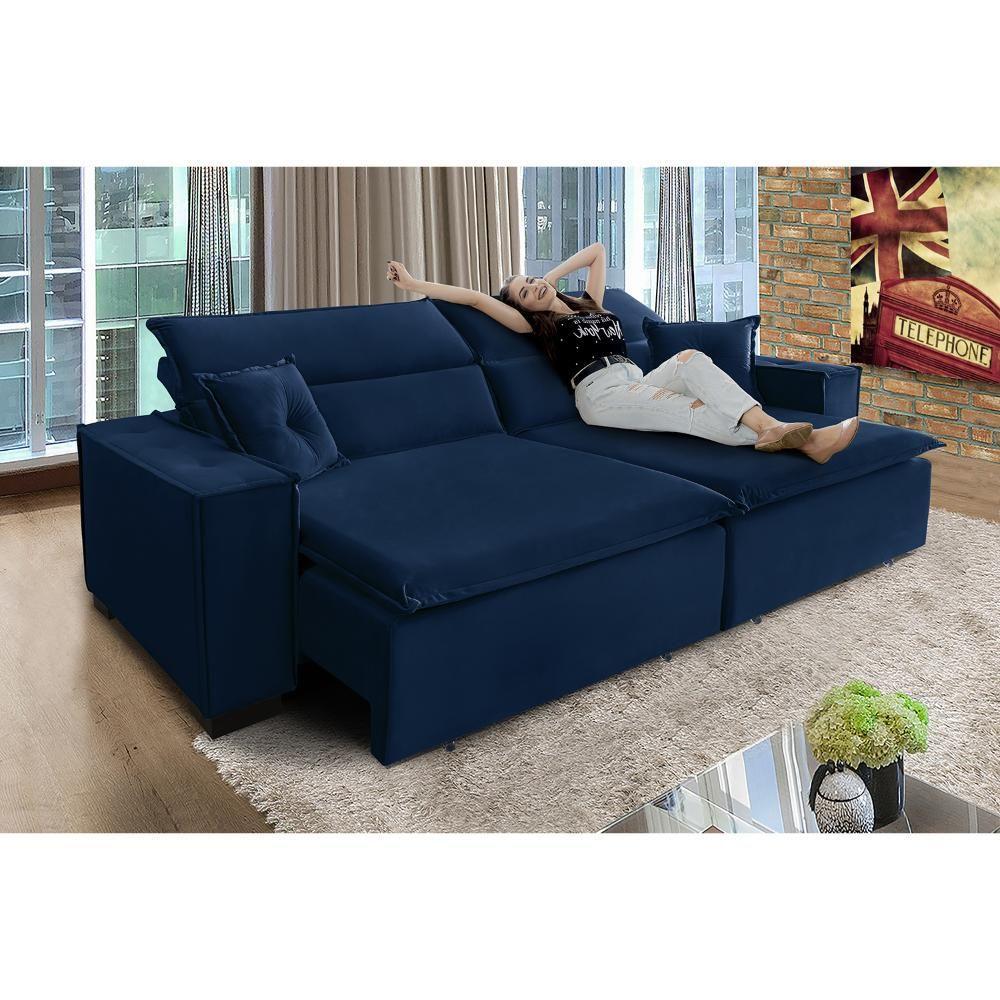 Sofá Londres 2.70m Retrátil E Reclinável Pillow Top - Azul - 2