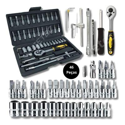 Jogo de Soquetes Jogo de Soquete Kit com 46 Peças com Chave Catraca Rápida Prata Aquilae