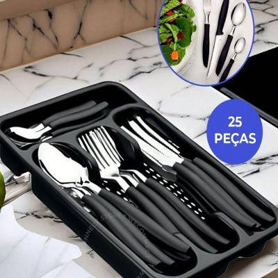 Jogo de Talheres Inox 25 Peças Conjunto com Colheres Garfos Facas e Porta Aço para Mesa Preto OEM