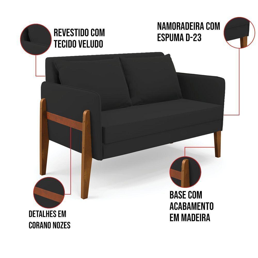 Sofá Namoradeira Lana Veludo Base De Madeira - D'rossi Cor Preto - 4