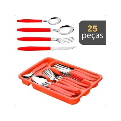 Jogo de Talheres 25 Peças com Facas Garfos Colheres e Porta Utensílios em Aço Inox para Mesa