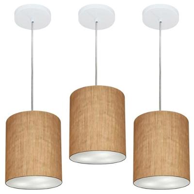 Kit 3 Lustres Pendentes Cilíndricos MD-4012 Cúpula em Tecido 18x25CM Palha Vivare Brasil Iluminação