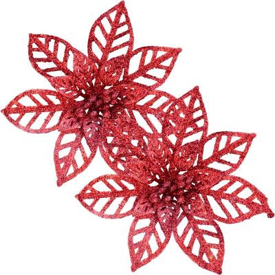 Enfeite de Natal Flores de Árvore Plástico com Glitter 16 Unidades 14cm Vermelho