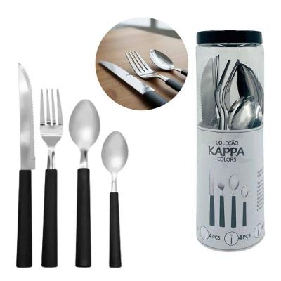 Jogo de Talheres Cabo Preto 16 Peças com 4 Facas 4 Garfos 4 Colheres de Mesa em Aço Inox e Cabo
