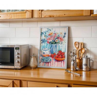 Quadro Decorativo Flores, Chá e Morangos Retangular 70x50CM Branco, Preto, Amadeirado