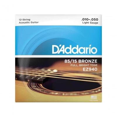 Encordoamento para Violão Aço 12 Cordas EZ940 .010-.050 Leve com Sustain Durável Bronze 85-15