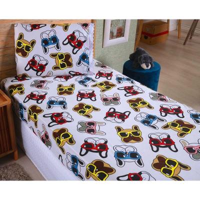 Jogo de Lençol Solteiro Kit 2 Peças 100% Poliéster Microfibra 170 Fios Estampa Cachorro de Óculos