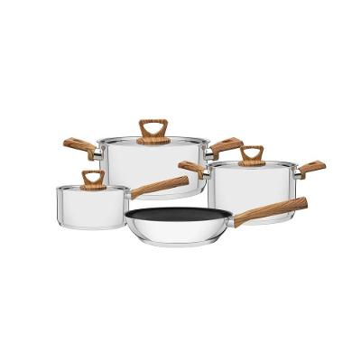 Jogo de Panelas Brava Caçarola e Frigideira em Aço Inox 1,4L 2,9L 4,7L 2,4L Amadeirado