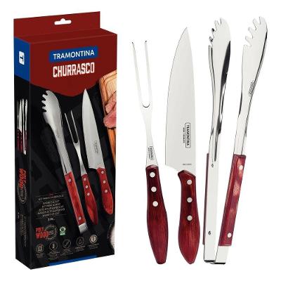 Jogo para Churrasco Polywood Vermelho 3 Peças em Aço Inox com Cabos de Madeira Tratada Resistente