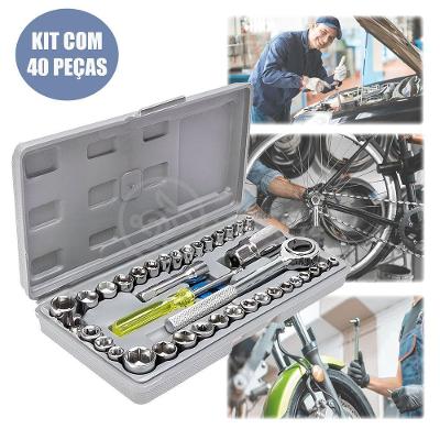 Jogo de Soquetes com 40 Peças Kit Catraca Reversível Encaixe 1-4 e 3-8 Cinza