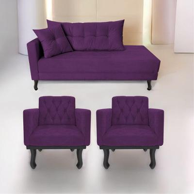Kit Diva Recamier Azura 160Cm Lado Direito E 02 Poltronas Classic Suede - Doce Sonho Móveis Roxo