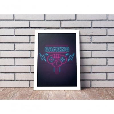 Quadro Decorativo Gaming Neon Retangular 20 X 30 Moldura Amadeirada para Decoração de Quarto Gamer
