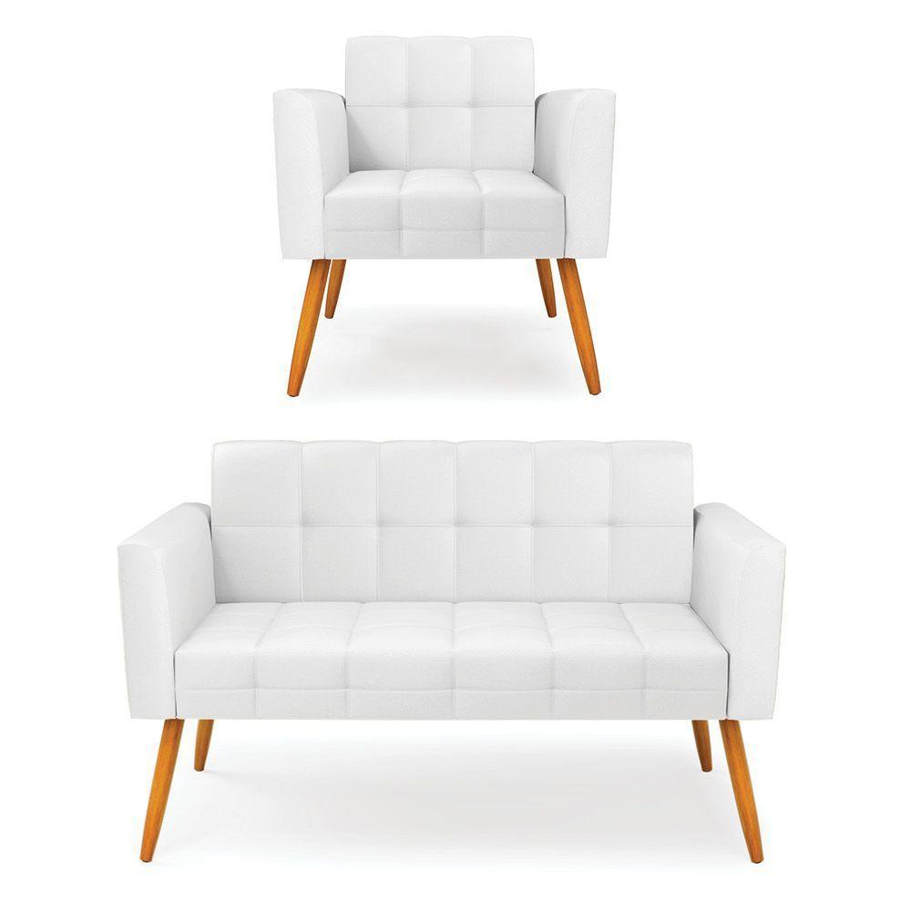 Kit 1 Sofá Namoradeira E 1 Poltrona Elisa Corino Branco Pés Palito Castanho - D'rossi - 1