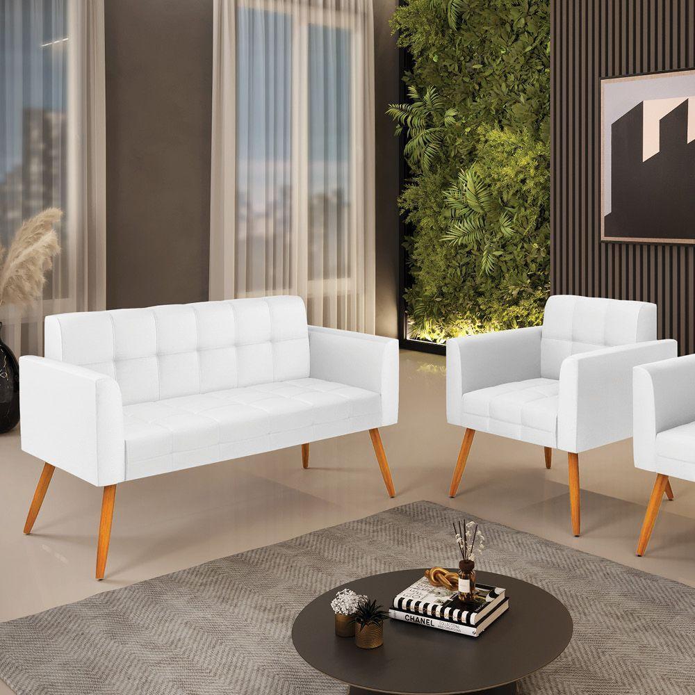 Kit 1 Sofá Namoradeira E 1 Poltrona Elisa Corino Branco Pés Palito Castanho - D'rossi - 2