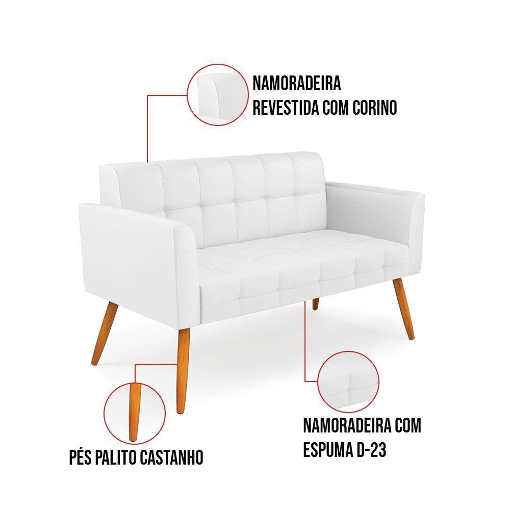 Kit 1 Sofá Namoradeira E 1 Poltrona Elisa Corino Branco Pés Palito Castanho - D'rossi - 8
