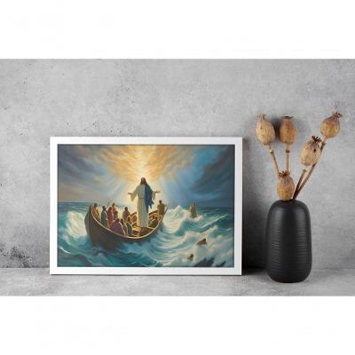 Quadro Religioso Jesus no Mar da Galileia Retangular 30 X 40 Preto com Vidro Moldura Baixa