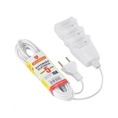 Extensão Elétrica Extensão Cabo Pl 2x0,75 5 Metros 3 Tomadas 10A Branco Megatron