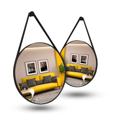 Espelho Decorativo Espelho Adnet Couro Costurado com Alça Redondo KIT 2 40CM Moldura para Sala Preto