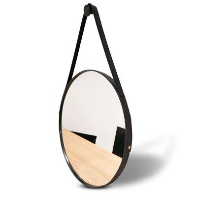 Espelho Decorativo Espelho Adnet Couro Costurado com Alça Redondo 50cm para Sala Quarto Banheiro