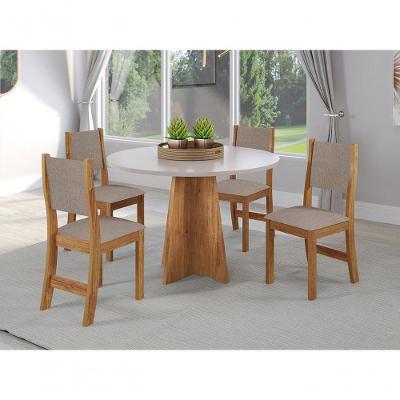 Mesa Redonda Slin 4 Lugares em MDF com Cadeiras em Linho Marrom 90x90cm